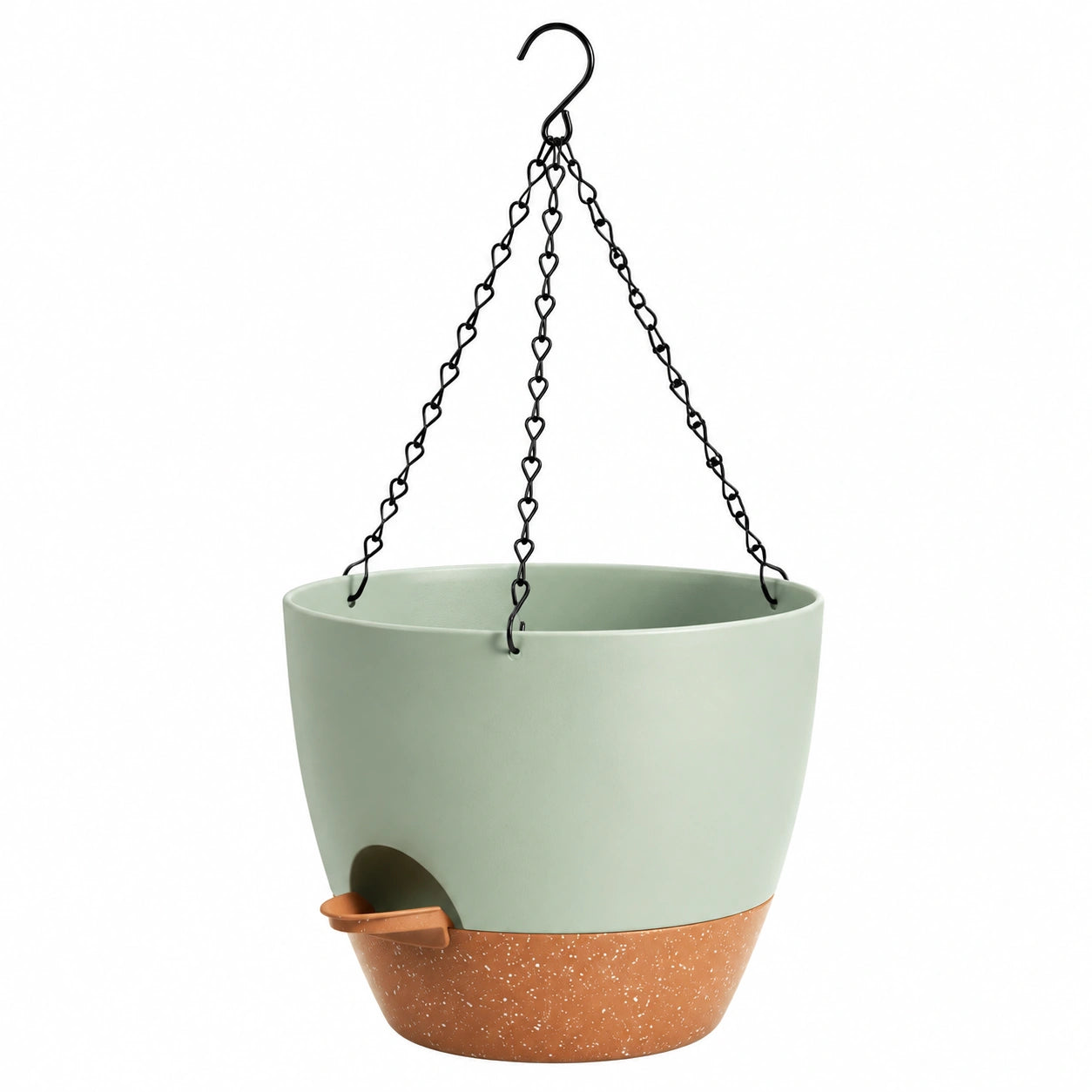 Macetero colgante con sistema de riego automático verde y terracota
